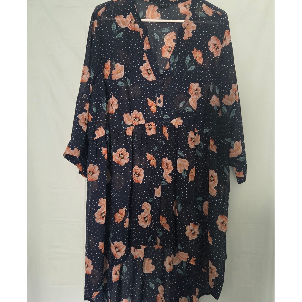 Torrid Navy Floral Polka Dot Chiffon High Low Button Front Tunic Top Plus Size 3